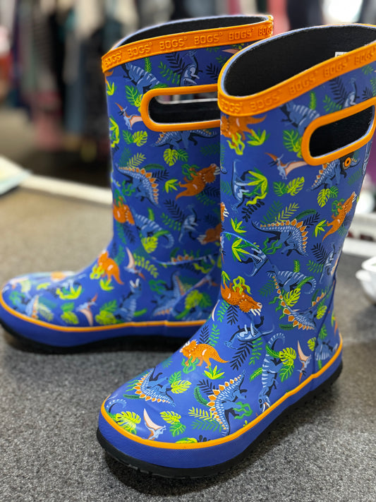 Bogs Kids' Skipper II Waterproof Rain Boots in the Dinosaur Jungle pattern size 1