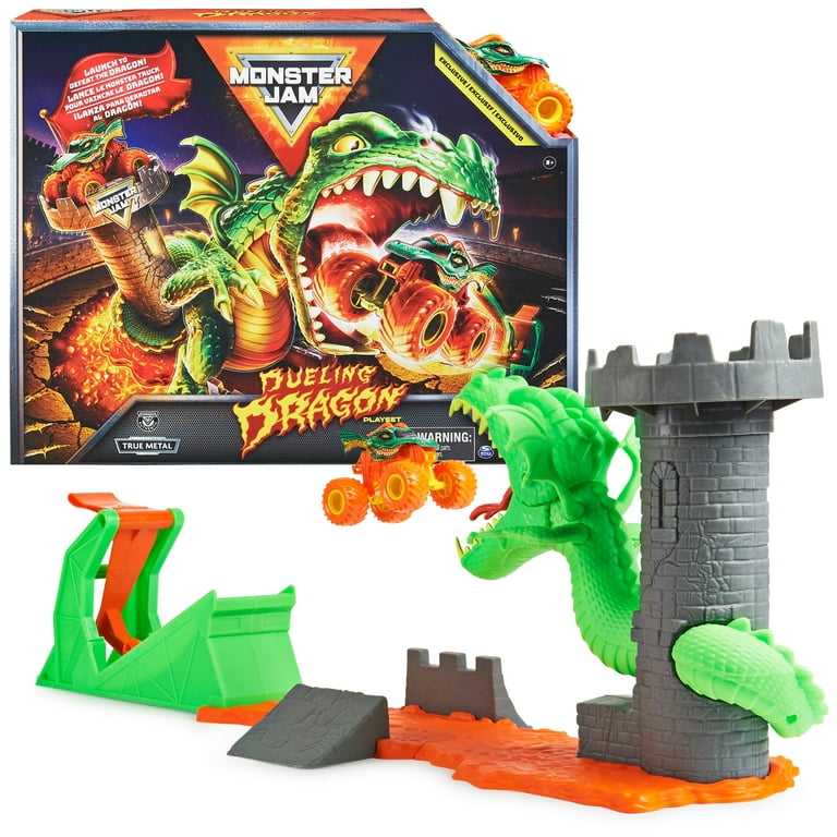 Monster Jam Dueling Dragon Playset featuring a green dragon and gray castle tower