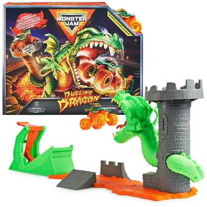 Monster Jam Dueling Dragon Playset featuring a green dragon and gray castle tower